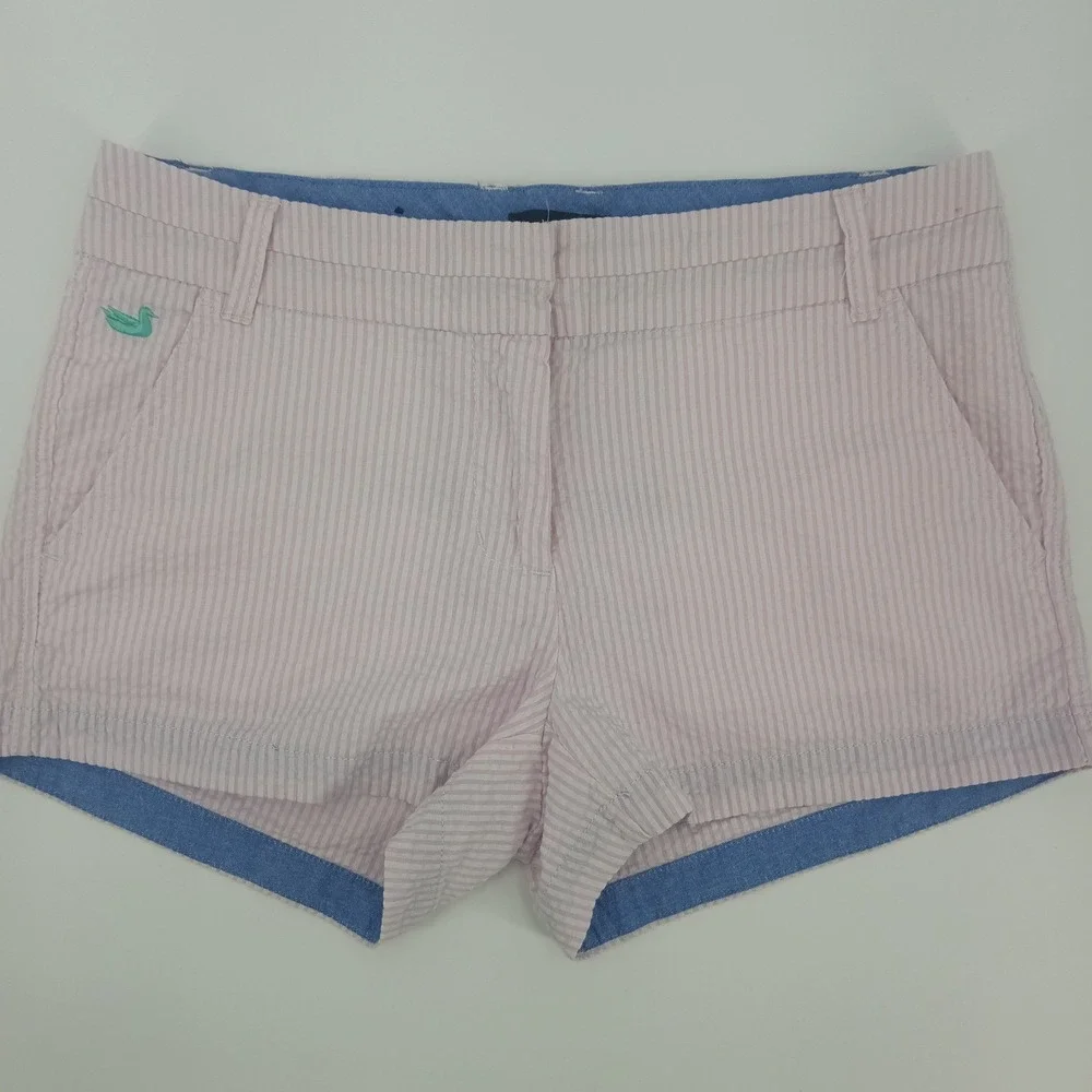 Southern Marsh Womens Pink White Seersucker Striped Shorts Sz 2 Preppy Duck Logo